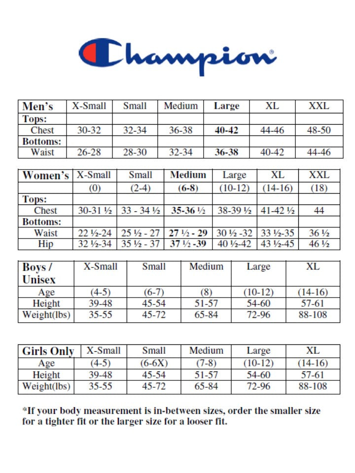 Champion hoodie size chart mens discount